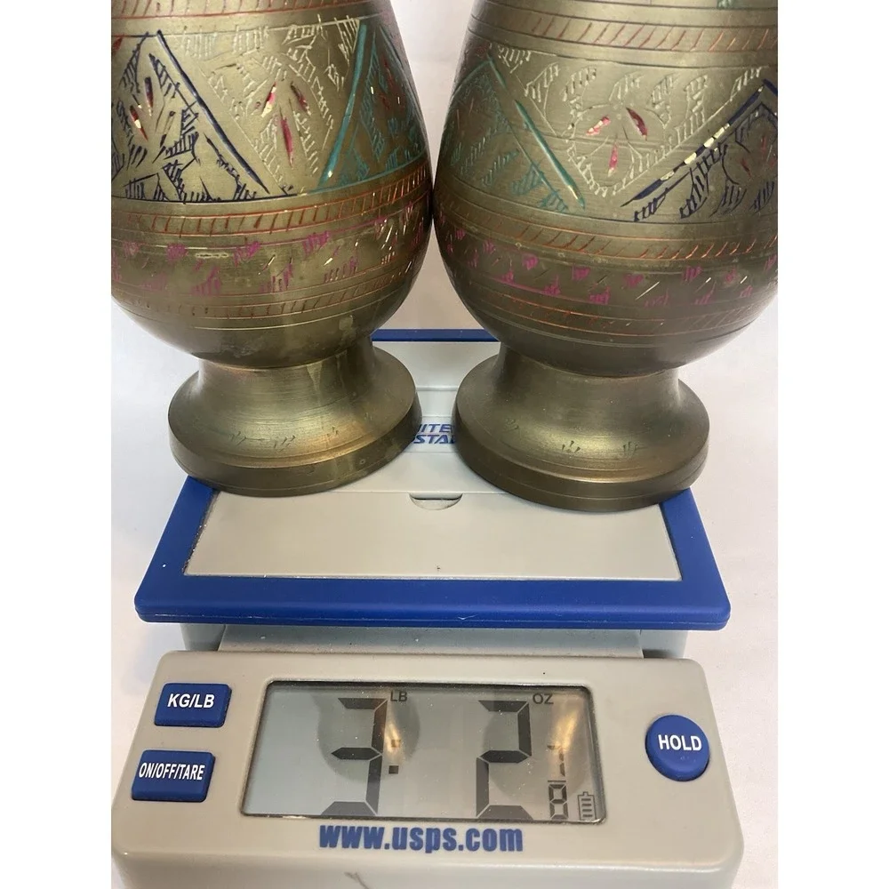 Vtg Brass Hand Etched Multicolored Flower Bud Vases Set of 2 Made In India 12